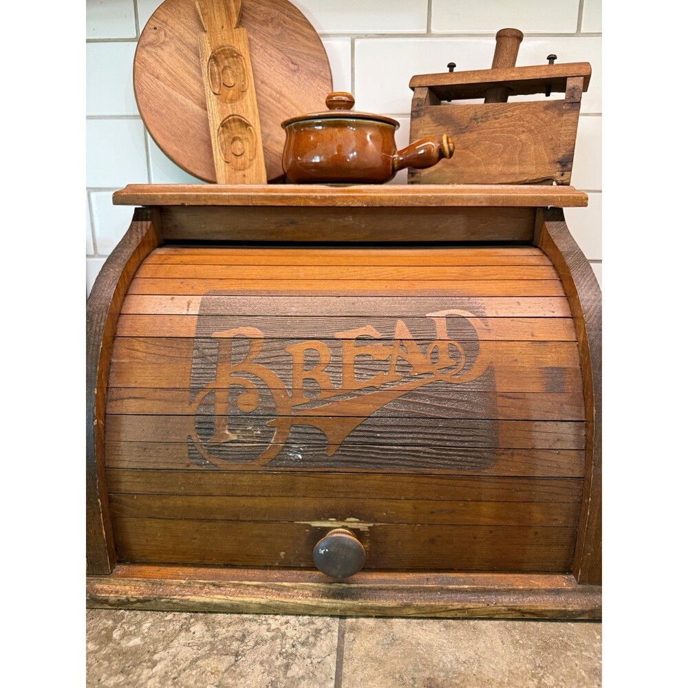 Wood Roll Top Bread Bin Brown Oak Tone Vintage/Retro Rectangular 1 Loaf